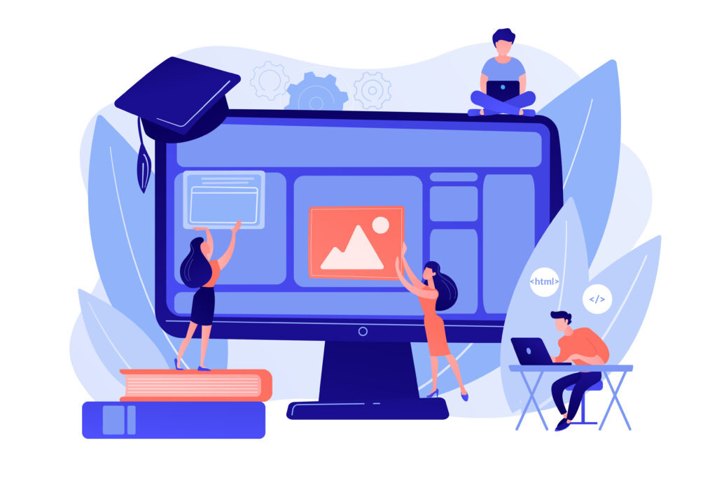 E-learning, online classes and webinars. Remote IT studying. Web development courses, web development programming, top online coding courses concept. Pink coral blue vector isolated illustration